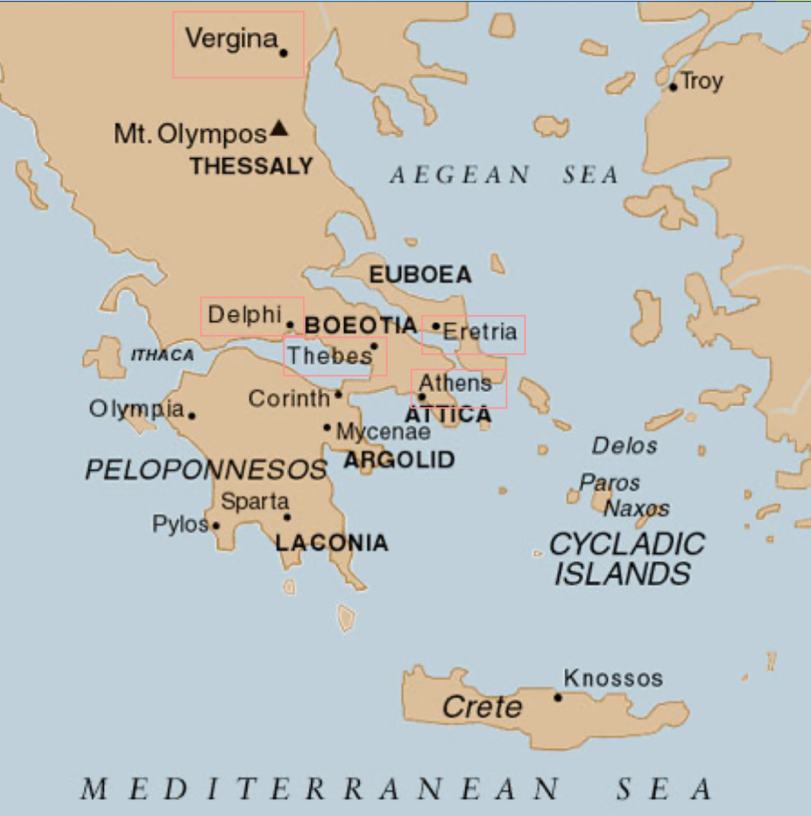 <p>In central Greece:</p><ol><li><p>Delphi</p></li><li><p>in Boeotia: Thebes, Plataea, Chaeronea</p></li><li><p>in Attica: Athens</p></li></ol>