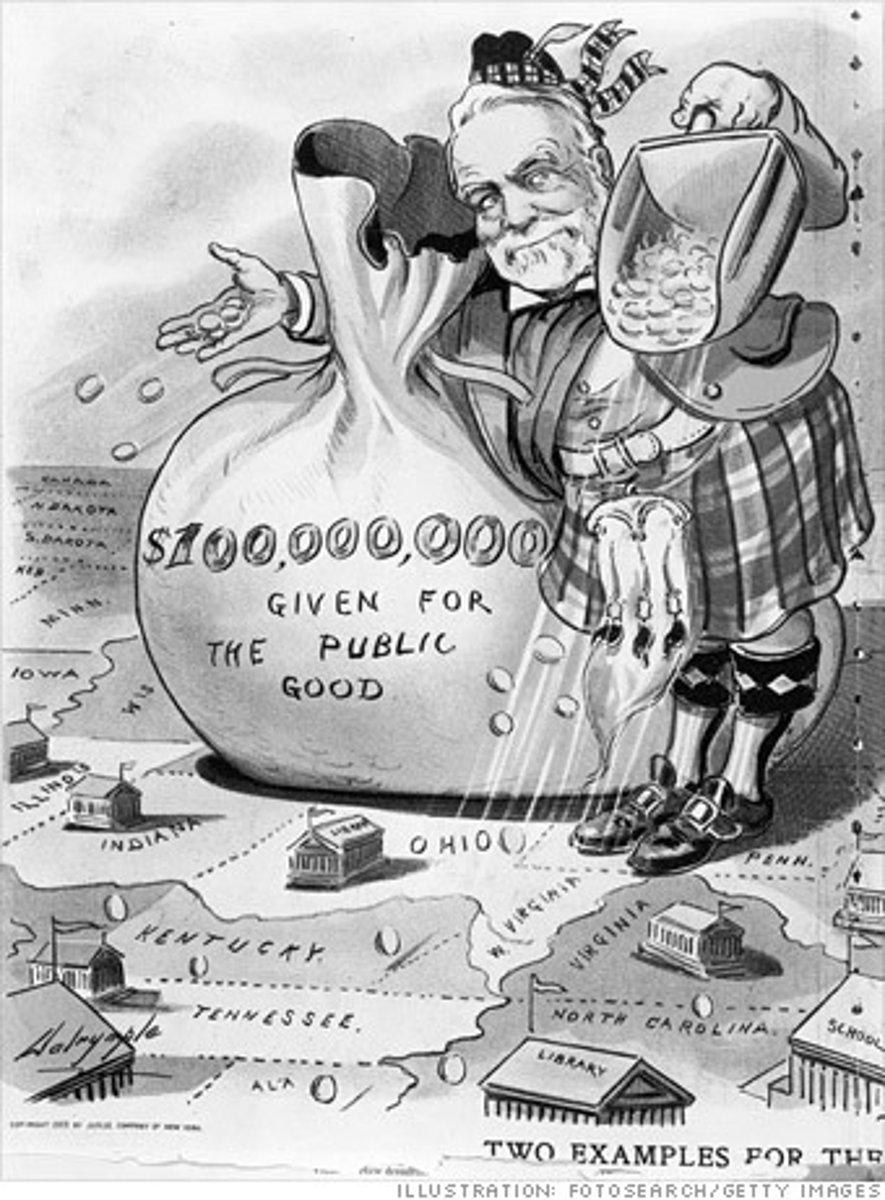 <p>(1889) Andrew Carnegie and others; The idea that those who accumulated wealth to share their riches for the betterment of society.</p>