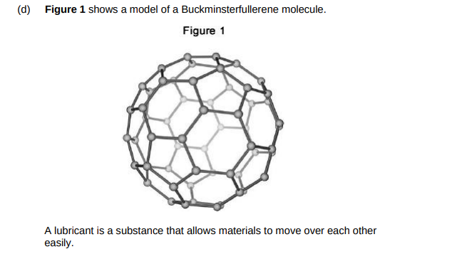 <p>Suggest why Buckminsterfullerene is a good lubricant.(2)</p>