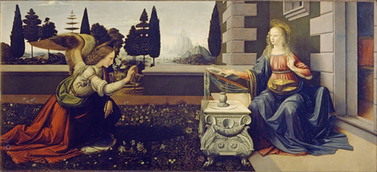 <p>What state is Mary in for this Annunciation piece?</p>