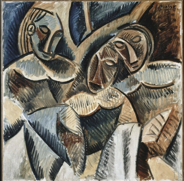 <ul><li><p>the term Moorish is used as a blending of a bunch of cultures, an Orientalist term</p><ul><li><p>Picasso was inspired by viewing an ethnographic museum at the old Palais de Troudaco, a ‘Moorish’ museum</p></li><li><p>He saw in African masks as ‘what humanity is all about,’ a primitive idea</p><ul><li><p>Picasso, Three figures under a tree, 1907-08</p><ul><li><p>The smell of age and mold almost caused him to leave the Moorish museum, but he was such a brave boy and stayed and explored the museum</p></li></ul></li></ul></li></ul></li></ul><p></p>