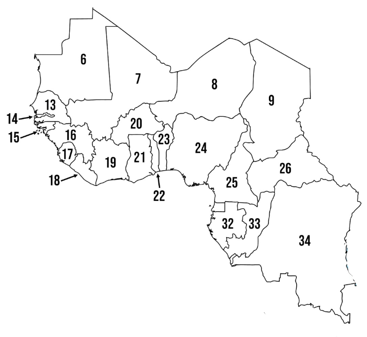 <p>In the map of West and Central Africa, the country labeled 8 is ……..</p>
