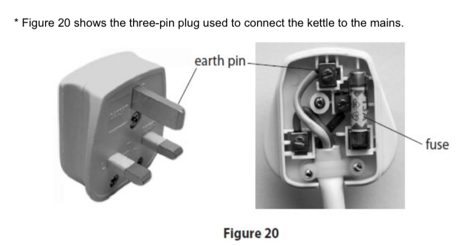 <p><strong>6 MARKER:</strong></p><p>Look at the image below.</p><p>A fault occurs in the kettle causing the love wire to touch the metal case of the kettle.</p><p>Explain how the safety features of the plug operate when this fault occurs ?</p>