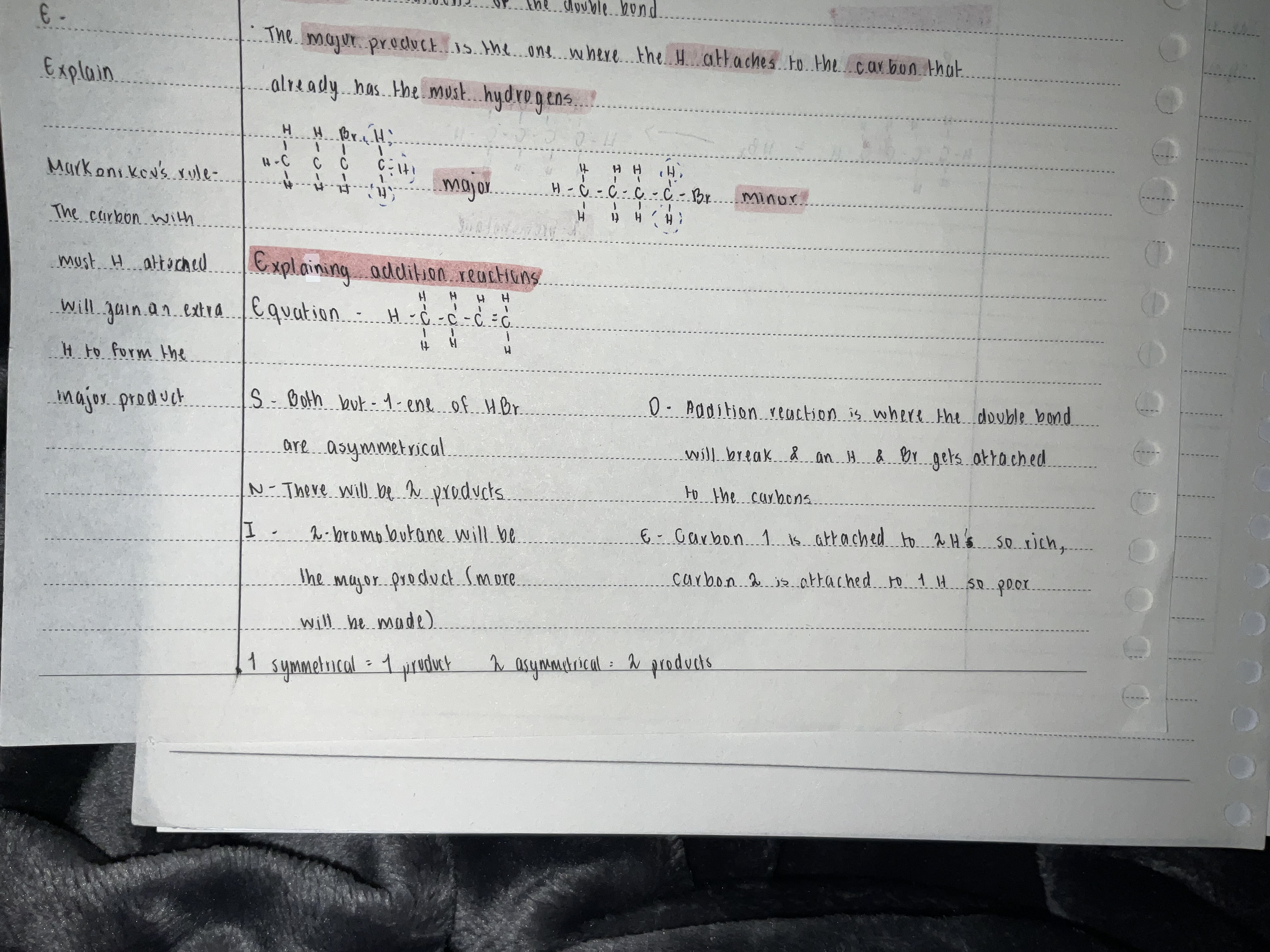 <p>ESNIDE</p><p>E - Equation</p><p>S - Symmetry (If symmetrical one products if asymmetrical two product if one of each then one product)</p><p>N - number of products</p><p>I - Identify major and minor </p><p>D - Define (Addition)</p><p>E - Explain</p>