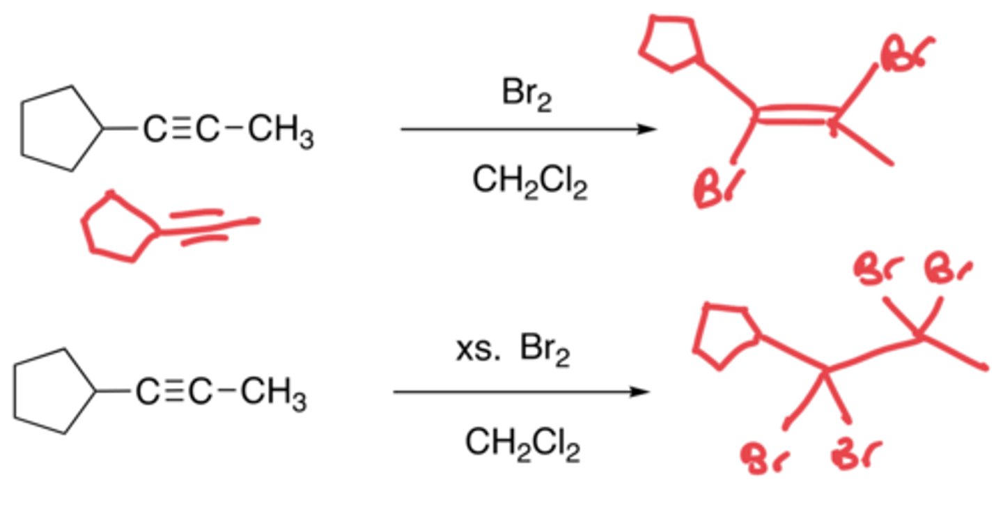 <p>- The addition of two halogens (Br) to an alkyne</p><p>- Anti-addition, no carbocation due to cyclic bromonium ion</p><p>- Uses a solvent like Ch2Cl2</p><p>- If excess Br2, two more will be added to the structure</p>