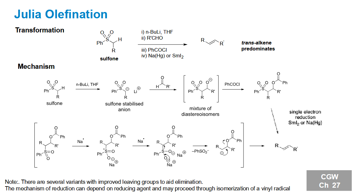 <p>Forms a trans alkene regardless of stabilisation and diastereomer formed</p>