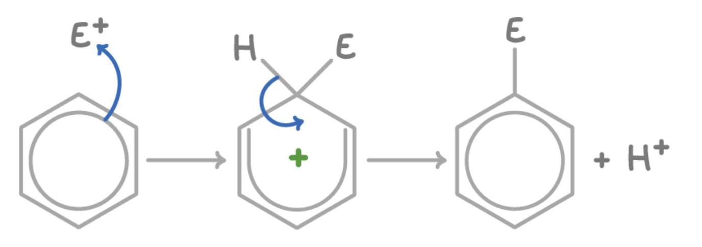 <ul><li><p>2 electrons from the delocalised ring form a new bond with the E⁺</p></li><li><p>2 electrons from C-H bond go back to the ring to complete it </p></li></ul><p></p>