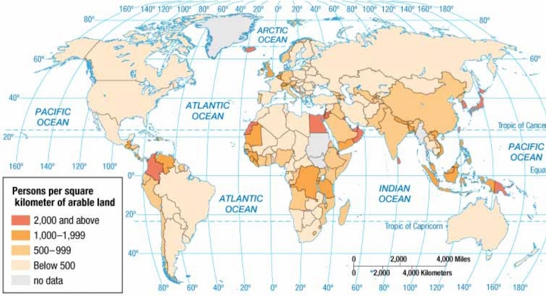 <p>The average number of people per unit area (square mile or kilometer) of arable land</p><p><span>Helps understand how densely populated an area is relative to its agricultural capacity, highlighting pressures on food production and land use</span></p><p><span>Higher the number = more strain on the land to produce food for the population</span></p>