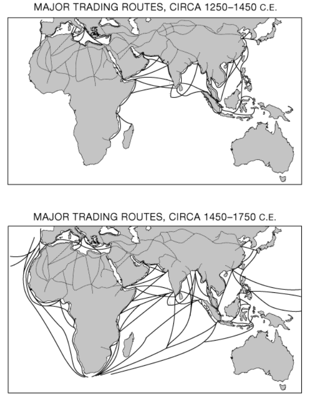 <p>Which of the following best explains the continuity in the trade routes between East Africa, the Arabian Peninsula, and India as shown on the maps? </p>