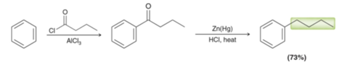 <p>Installation of an alkyl group</p><p>Useful for installing alkyl groups that cannot be installed with a direct alkylation process due to carbocation rearrangements that would give a mixture of products</p><p>Polyacylation is not observed</p>