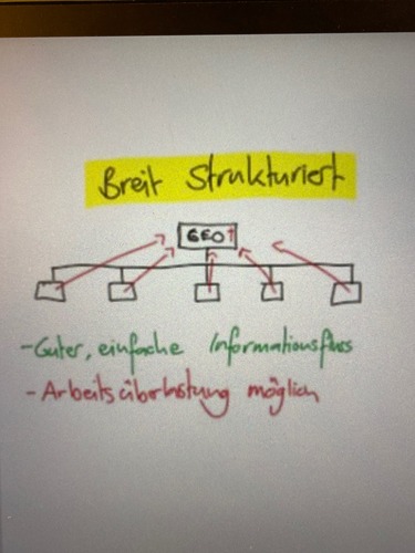 <p>Def: Breite Struktur</p><ul><li><p>Guter Informationsfluss</p></li></ul><ul><li><p>mögliche Arbeitüberlastung</p></li></ul>