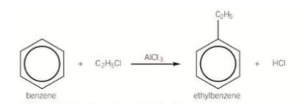 <p>Benzene is reacted with a haloalkane in the presence of AlCl<sub>3</sub>, generating the electrophile. Alkylation increases the number of carbon atoms in a compound by forming C-C bonds. It is known as Friedel-Crafts alkylation.</p>