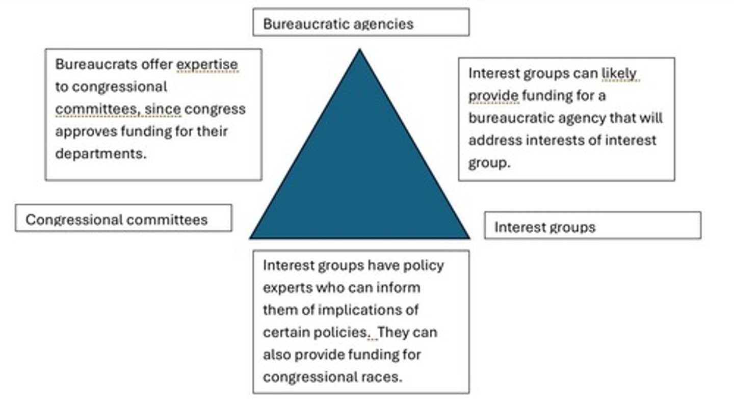 <p>The relationship between bureaucracies, congressional committees, and interest groups.</p>