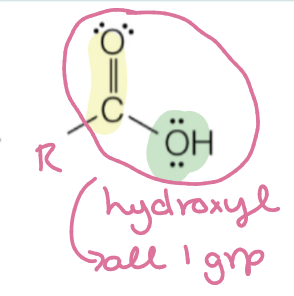 <p>hydroxyl group attached directly to carbonyl</p><p>RC(O)OH</p>