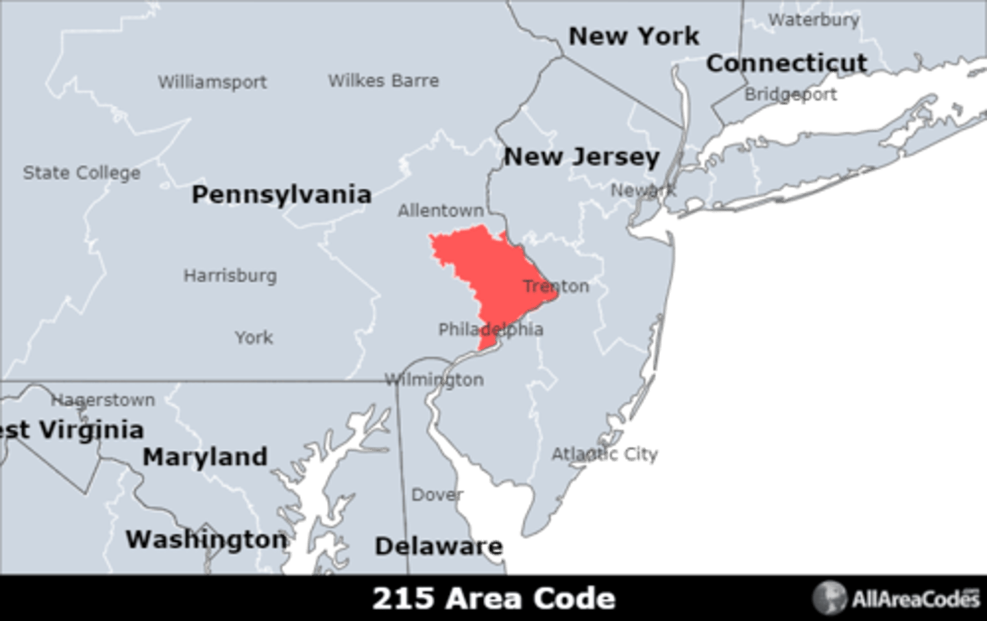 <p>Area code 215 serves Philadelphia, PA and the surrounding areas. It has 2 overlays (267 and 445) that serve the same area.</p>