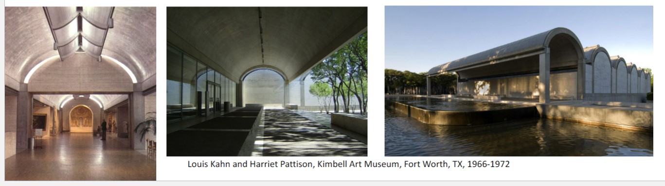built by Louis Kahn and Harriet Pattison
Landscape: key aspect of the project – landscape architect Harriet Pattison
Creates the impression of enclosed spaces by placing top-lit vaults over the 
galleries
Structural innovation: post-tension concrete vault-shaped beams  span the 102 
ft spaces 