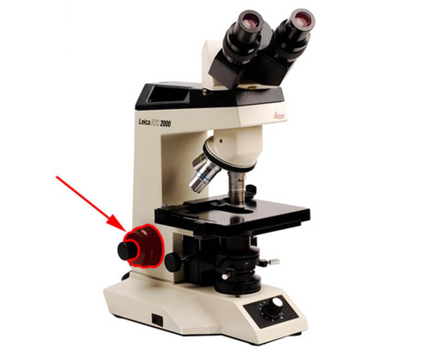 <p>two knobs on either side of the microscope at the base of the arm. Usually the largest knobs on the arm.</p>