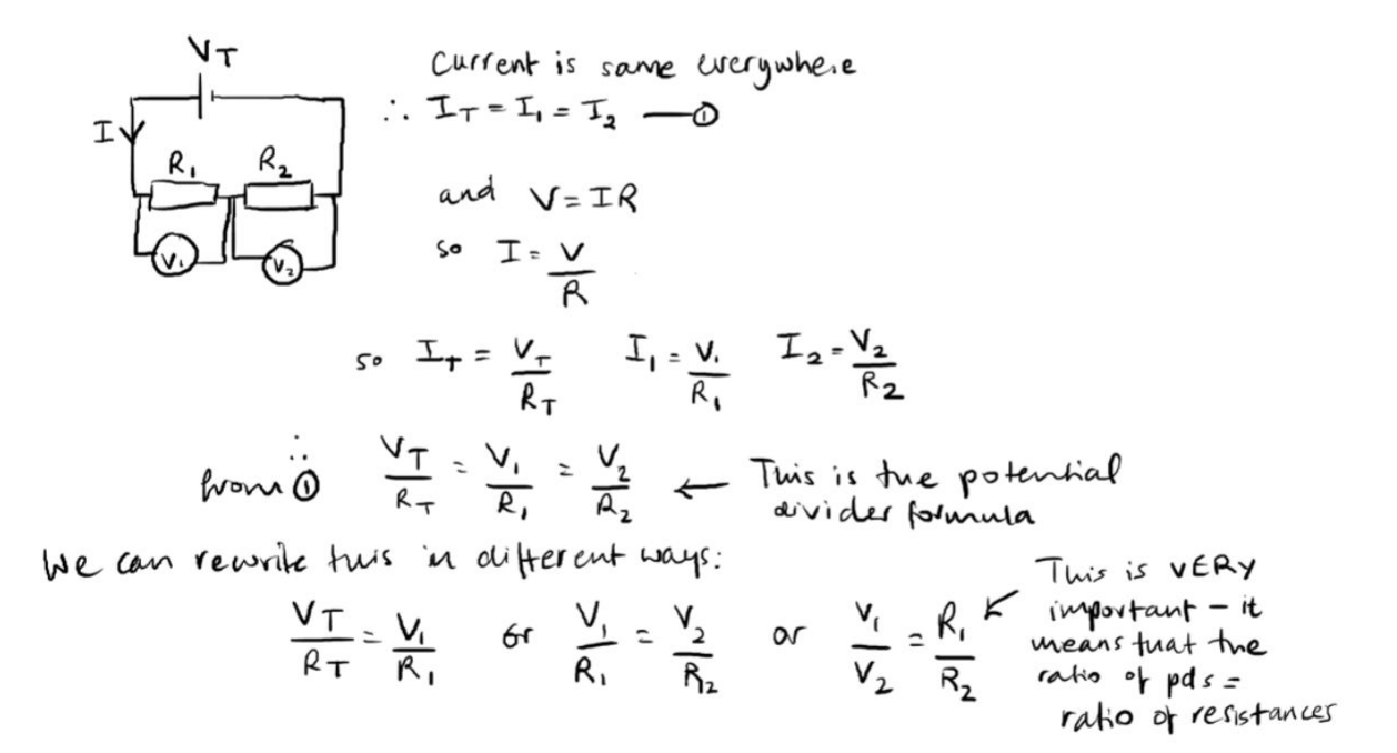 <p>Vt/Rt = V1/R1 = V2/R2</p><p>(from KCL conservation of charges)</p><p></p>