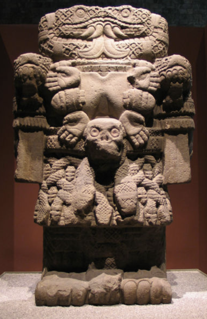 <ul><li><p><span>Very well known</span></p></li><li><p><span>Wears skirt woven with serpents</span></p></li><li><p><span>One of the siblings to the Plague demons? Becomes pregnant with Huitzilopochtli. One of Coatlicue’s siblings doesn’t want the kid to be born so she decapitates her</span></p></li><li><p><span>Shows her head missing, serpent heads coming together function as a head</span></p></li></ul><p></p>