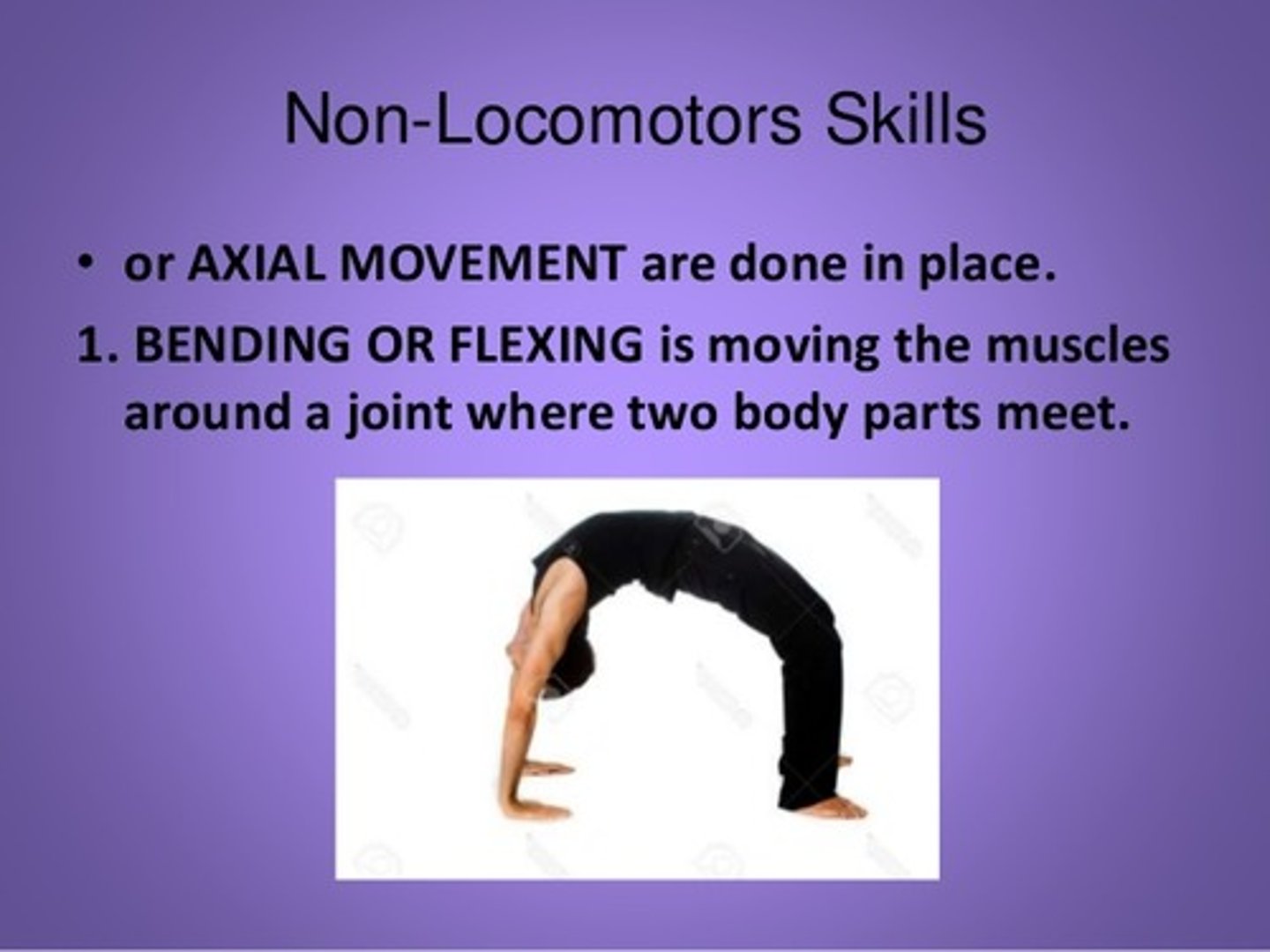 <p>movements that are stationary or that do not propel the mover around an area (twisting, swaying, reaching)</p>