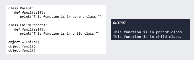 <p>Types of Inheritance:</p><p></p><ul><li><p>Single inheritance <strong>enables a derived class to inherit properties from a single parent class</strong>, thus enabling code reusability and the addition of new features to existing code.</p></li></ul><p></p>