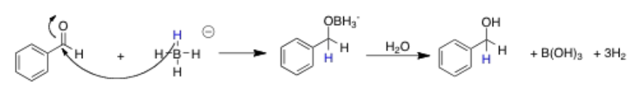 <ol><li><p><span>Proton from nucleophile (NaBH<sub>4</sub>) attacks the aldehyde group&nbsp;</span></p></li><li><p><span>Then the BH<sub>3</sub> will attach to the O</span></p></li><li><p><span>This is then treated with water (or even better acid) to replace the BH<sub>3</sub> with H to make it into an alcohol</span></p></li></ol><p></p>