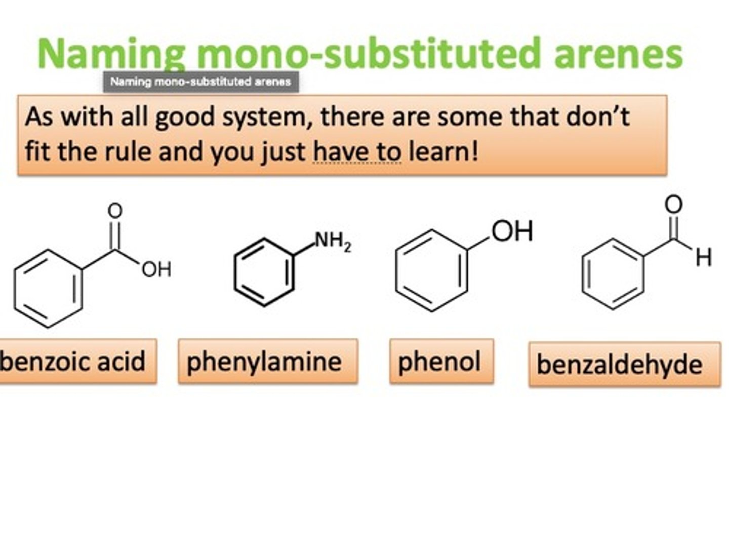 <p>if there functional group of 7 or more carbons then sed phenyl</p><p>if a OH is attached then phenol</p>