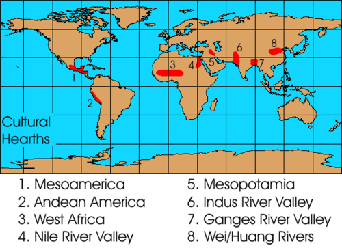 <p>The geographic origin of a culture or cultural trait.</p><p>Traits first diffuse from the cultural hearth.</p>