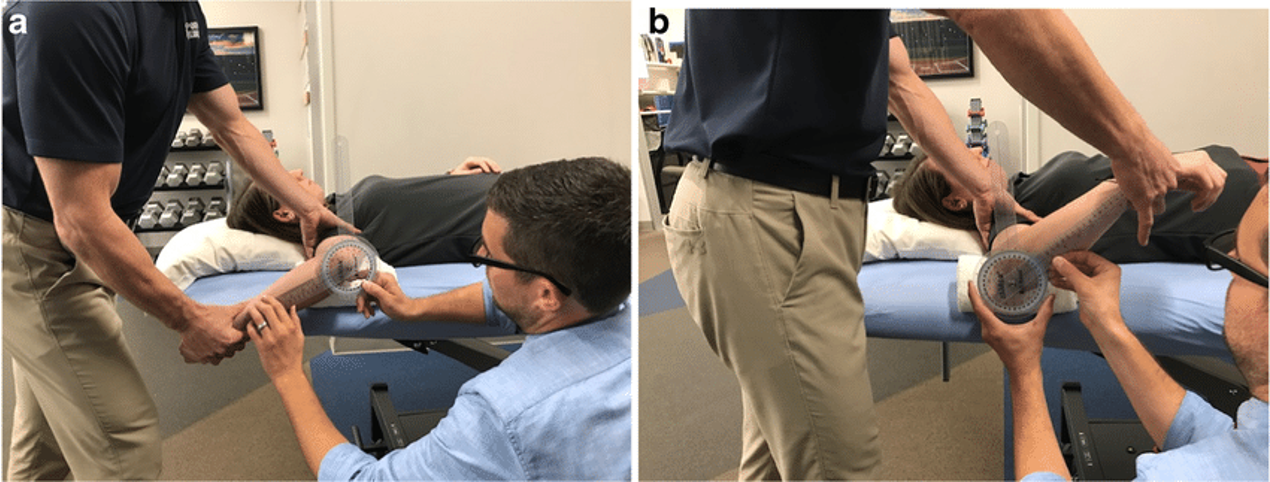 <ul><li><p>Body position: supine</p></li><li><p>Axis: Olecranon process</p></li><li><p>Stationary Arm: vertical alignment </p></li><li><p>Movement Arm: styloid process of ulna</p></li><li><p>Joint movement: shoulder internal rotation and shoulder external rotation</p></li></ul>