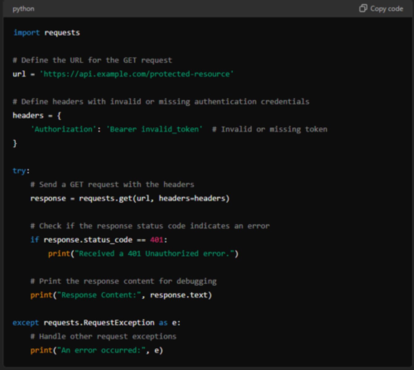 <p>Indicates that the request lacks valid authentication credentials and often occurs when an API requires authentication </p><p>This could happen due to: </p><p>API key, token, session or other credentials are either missing, invalid, or expired</p>