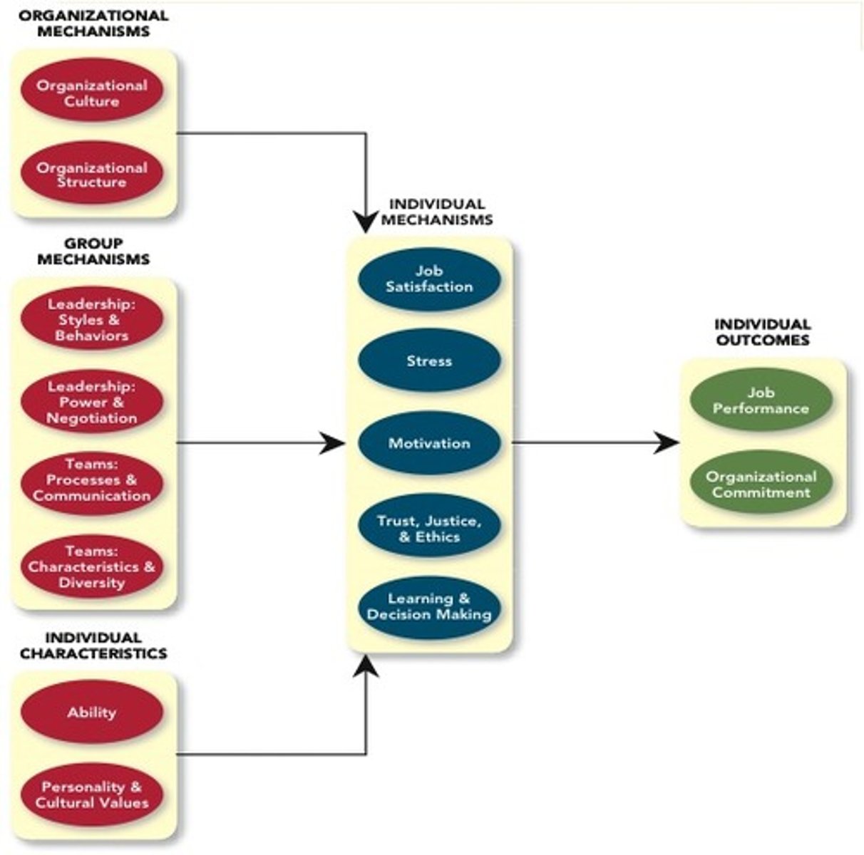 <p>1. organizational mechanisms</p><p>2. group mechanisms</p><p>3. individual characteristics</p><p>4. individual mechanisms</p><p>5. individual outcomes</p>