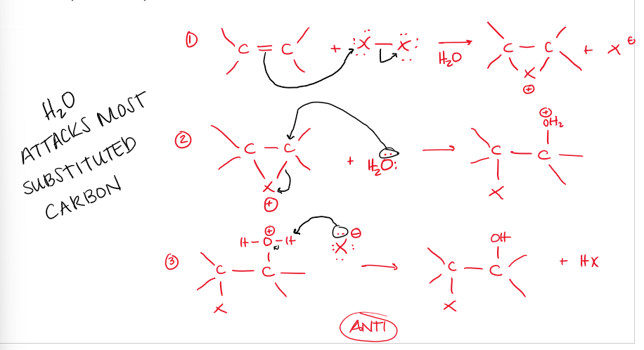 <p>electrophilic addition, A<sub>e</sub>. </p><ol><li><p>Br attaches to both C, removing the pi bond</p></li><li><p>H<sub>2</sub>O attacks the most substituted C and that C detaches from Br </p></li><li><p>Result is<strong> -anti</strong> addition of H<sub>2</sub>O and Br across a double bond </p></li><li><p>H<sub>2</sub>O deprotonates into the final halohydrin product (+—OH, —X) </p></li></ol><p></p>