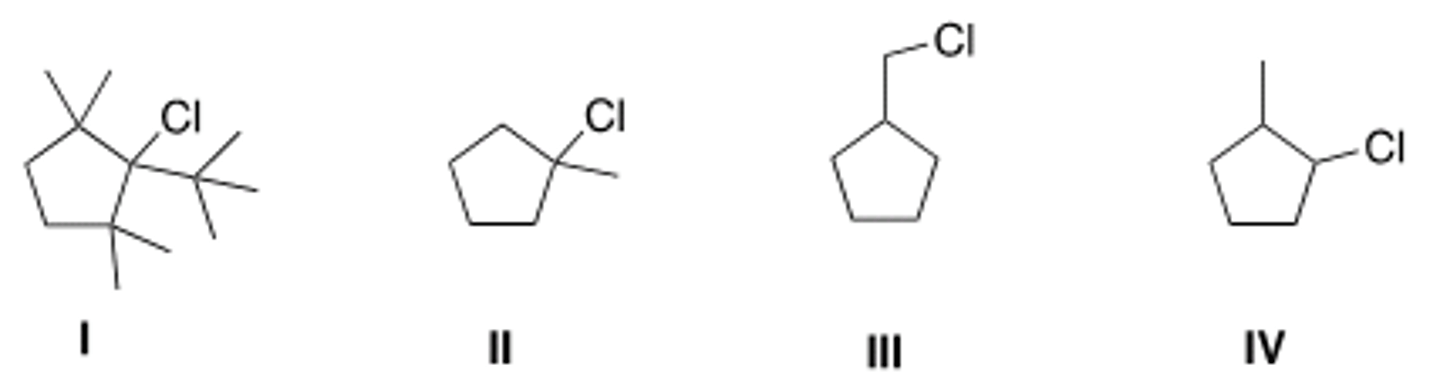 <p>Which of the following is the least reactive substrate in an E2 reaction?</p><p>A) I B) II C) III D) IV</p>