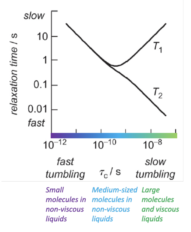 <p>low τ(c) = fast molecular vibration = liquid</p><p>high&nbsp; τ(c) = slow molecular vibration = solid</p><p>liquid = equal contribution of longitudinal/transverse relaxation</p><p>solid = transverse relaxation &gt; longitudinal relaxation</p><p><strong>T₂ relaxation</strong> in solids is much faster than <strong>T₁</strong> because the <strong>local field fluctuations</strong> due to dipolar interactions cause rapid dephasing, but the lack of molecular motion limits the efficiency of energy transfer to the lattice (T₁).</p>