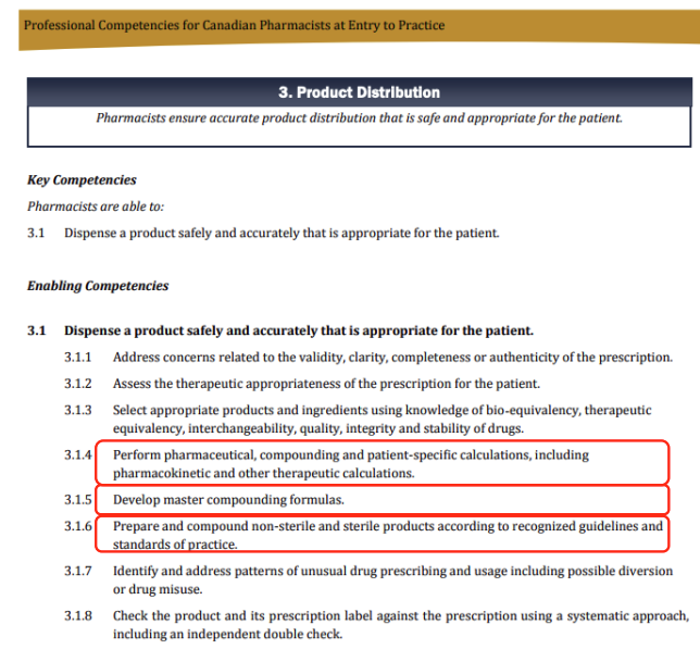 <p>Classify the following as either a key competency or enabling competency.</p><p>a) Perform pharmaceutical, compounding and patient-specific calculations, including pharmacokinetics and other therapeutic calculations.</p><p>b) Develop master compounding formulas.</p><p>c) Prepare and compound non-sterile and sterile products according to recognized guidelines and standards of practice. </p><p>d) Pharmacists are able to dispense a product safely and accurately that is appropriate for the patient.</p>
