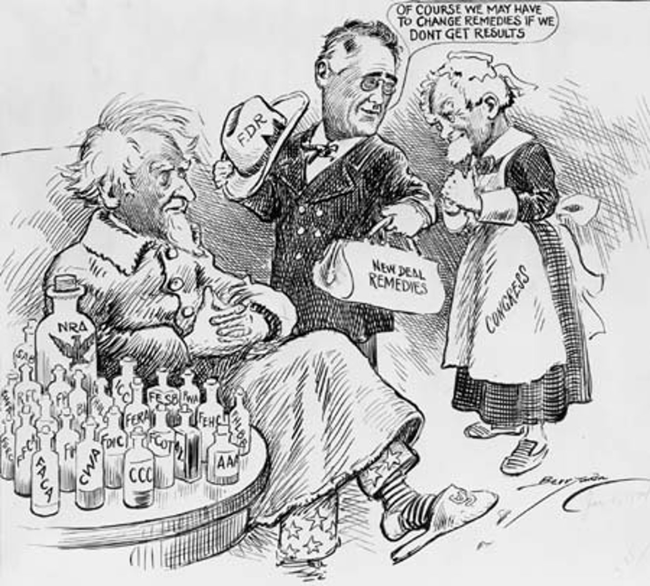 <p>President Franklin Roosevelt's programs to combat economic depression enacted a number of social insurance measures and used government spending to stimulate the economy- RELIEF, RECOVERY, AND REFORM</p>