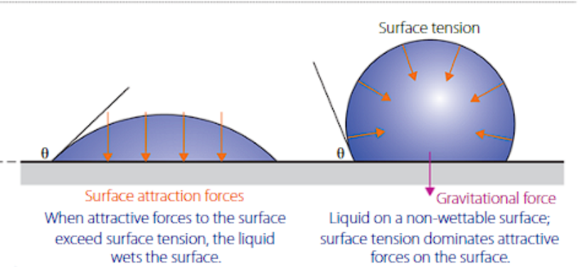 <ul><li><p>cleaning due to their ability to remove dirt, oil and stains.</p></li><li><p>act as a surfactant, reducing surface tension of the liquid its dissolved in. This occurs due to decreased presence of hydrogen bonding.</p></li><li><p>When surface tension is lowered, the liquids' ability to ‘wet’ a surface increases. This is due to the inability to form a droplet. This property is known as wettability and is measured as an angle (θ).</p></li><li><p>They are also able to act as an emulsifier which can cause two immiscible liquids to become miscible in one another. When this occurs, the solution is known as an emulsion.</p></li></ul><p></p>
