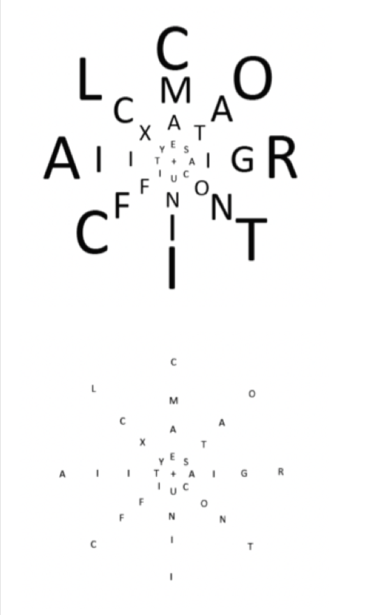 <p><u><span>Top picture</span></u><span>; a</span>ll letters equally clear</p><p>&nbsp;Scaled in such a way that the same number of neurons that process the small letters process the larger letters</p><ul><li><p><span>Due to cortical magnification</span></p></li><li><p><span>A much closer to the centre of the visual field</span></p></li></ul><p><u><span>Bottom picture</span></u><span>; m</span>uch harder to see the letters on the outside</p><ul><li><p><span>Using less neurons to process the large letters compared to the small</span></p></li></ul>
