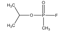 <p>nerve gas - organophosphorus compound</p><p>covalently bonds to AchE on the Ser residue</p>
