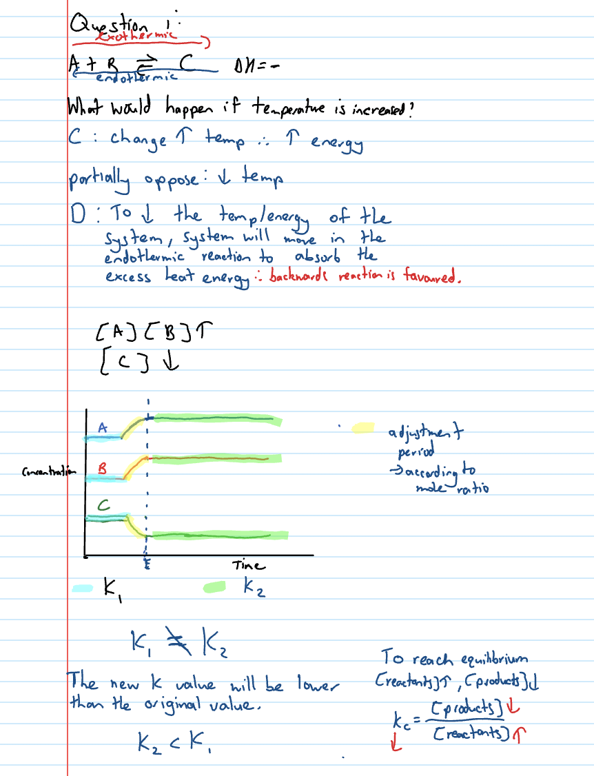 <ol><li><p>Gradual increase/decrease → not as sudden</p></li><li><p>Kc1 is initial equilibrium → Kc2 is second equilibrium</p></li><li><p>See if concentration of products increases or decreases and discuss Kc value changes in terms of that</p></li></ol><p></p>