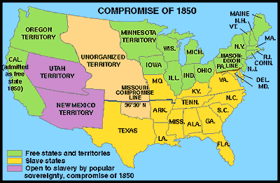 (1) California admitted as free state, (2) territorial status and popular sovereignty of Utah and New Mexico, (3) resolution of Texas-New Mexico boundaries, (4) federal assumption of Texas debt, (5) slave trade abolished in DC, and (6) new fugitive slave law; advocated by Henry Clay and Stephen A. Douglas