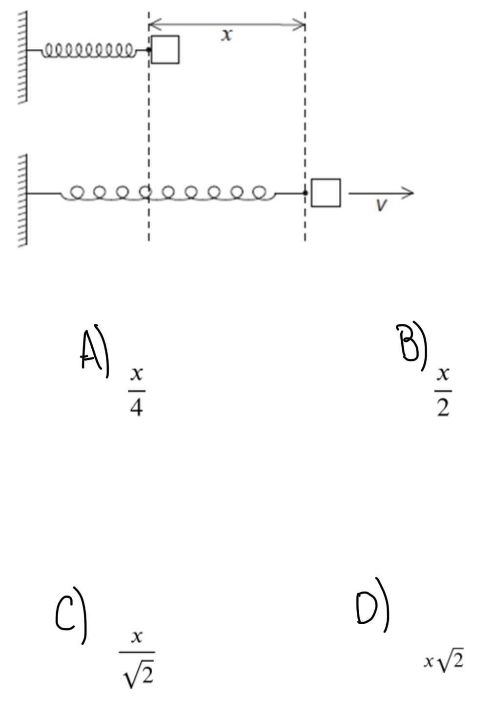 <p><span>A compressed spring is used to launch an object along a horizontal frictionless surface. When the spring is compressed through a distance x and released, the object leaves the spring at speed v. What is the distance through which the spring must be compressed for the object to leave the spring at v/2?</span></p>