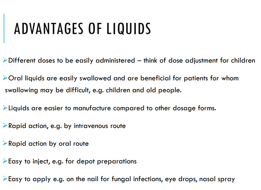 <p>-don’t need water</p><p>-faster onset of action</p>