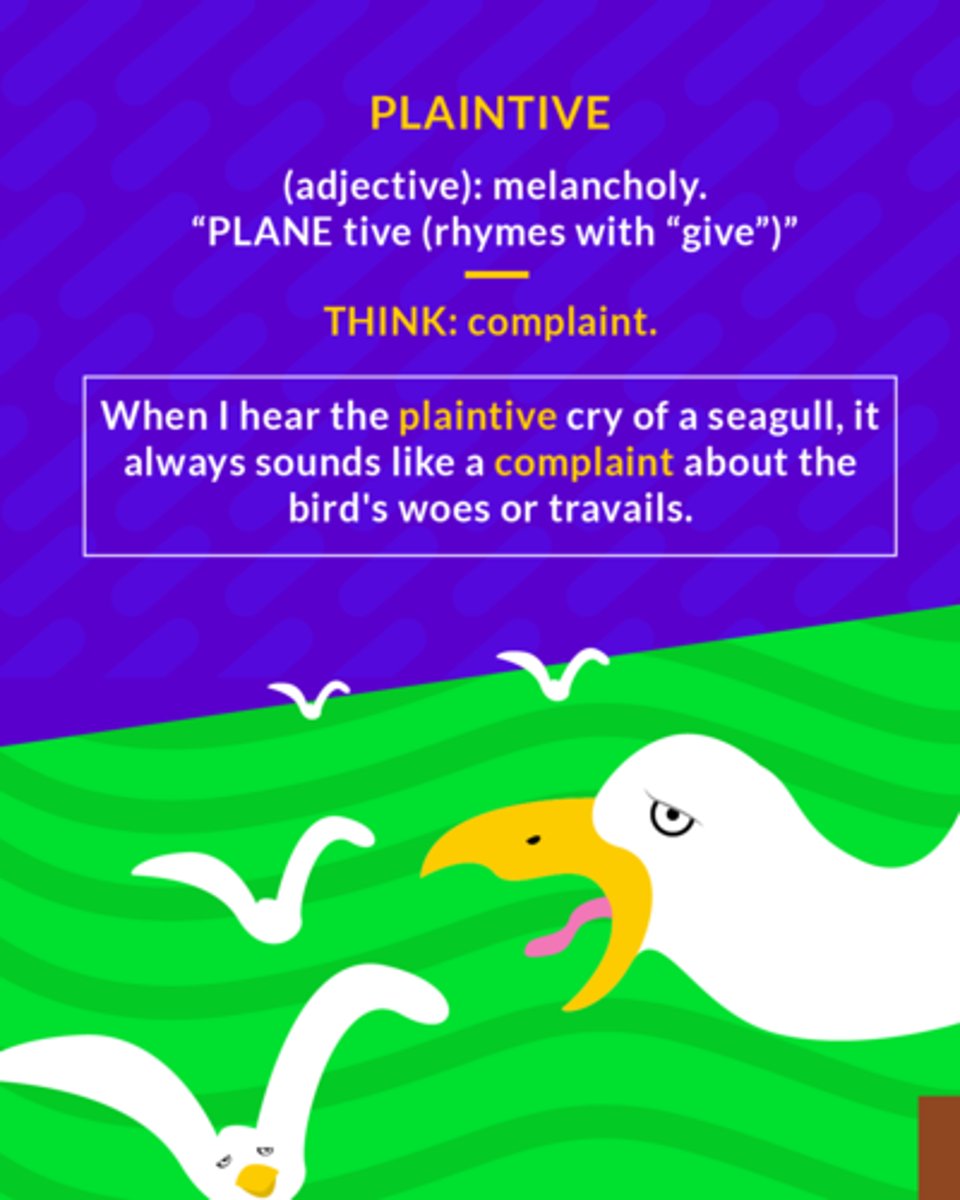 <p>(adj.) expressive of sorrow or woe, melancholy</p><p class="has-focus">(adj.) sounding sad and mournful</p>