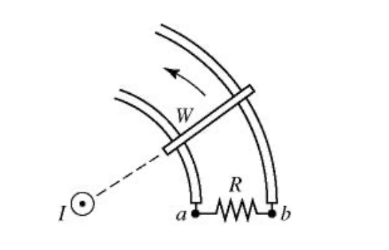 <p><span><span>In the figure, a straight wire carries a steady current I perpendicular to the plane of the page. A bar is in contact with a pair of circular rails, and rotates about the straight wire at a angular speed W. The direction of the induced current through the resistor R is:</span></span></p>