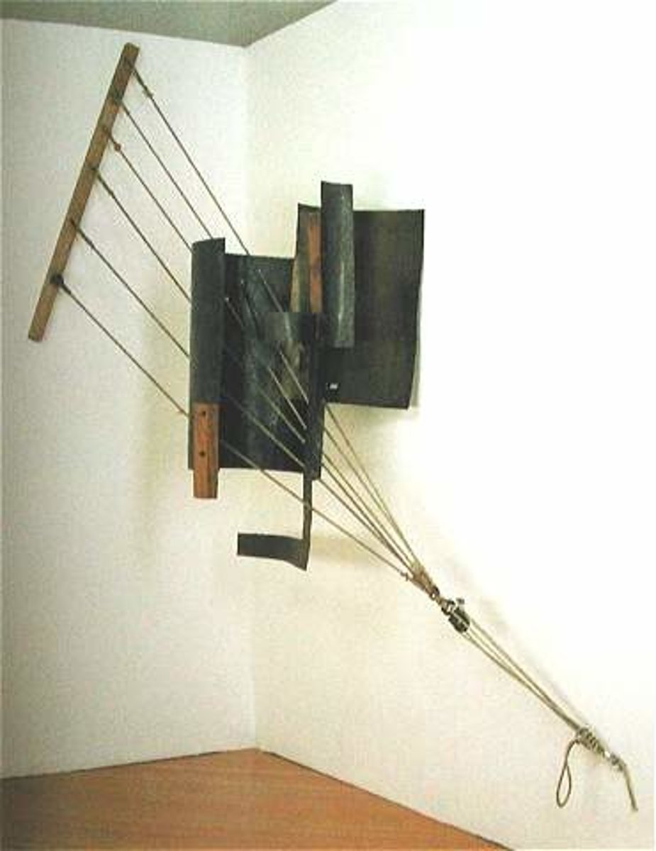 <p>Tatlin's sculptures placed in room corners, held by wires, making people think about space and interact with the art.</p>