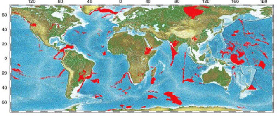 <ul><li><p><em>Composition:</em> MORB-like basalt erupted on land</p></li><li><p><em>Cause:</em> massive mantle plumes, sometimes linked to rifting</p></li><li><p><em>Category: </em>continental type of Large Igneous Province (LIP).</p></li><li><p><em>Size: </em>extremely large – &gt;2 km thick, cover &gt;500,000 km²</p></li><li><p><em>Impact:</em> release huge CO₂ &amp; sulfur, possibly triggering mass extinctions</p></li></ul><p></p>