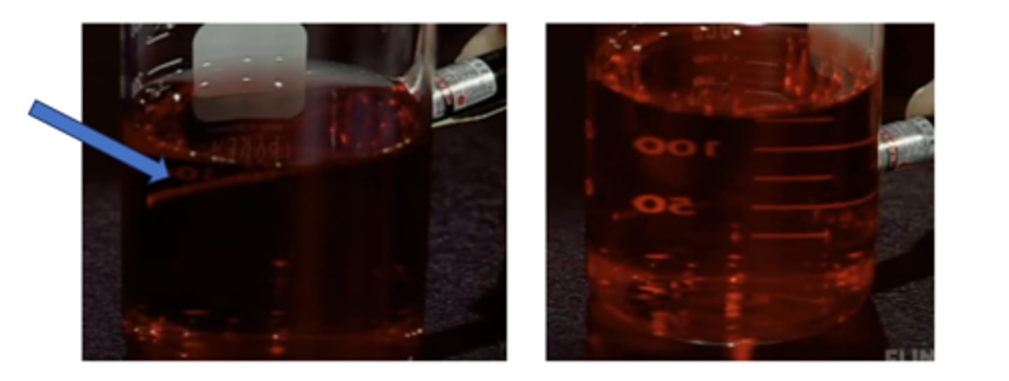 <p>1. citrate ions is added into gold nanoparticles to form colloids when put under heat</p><p>2. to test whether or not colloidal gold nanoparticle has been formed, we utilise the Tyndall effect</p><p>3. when a laser beam is shone through the solution, if the solutions show the light path of the beam --&gt; that means gold nanoparticles has been formed (left)</p><p>*compared red with solution on the right, there is no light beam seen in the solution --&gt; no gold colloid particle</p>