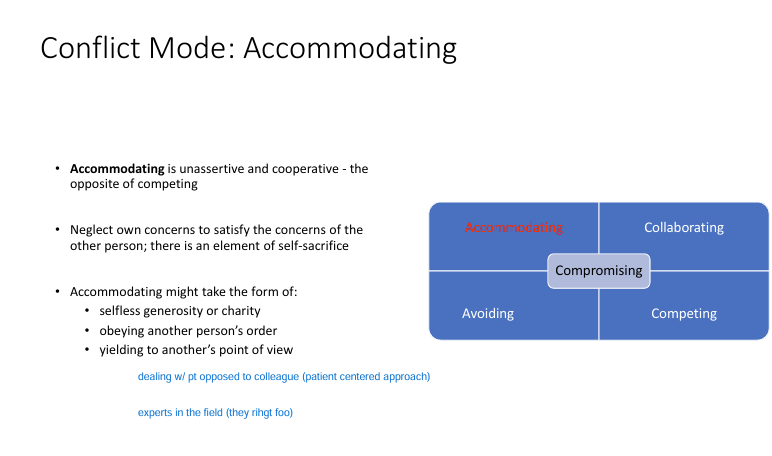 <p><span style="color: yellow"><strong>1) accommodating (lose-win)</strong></span></p><p>-unassertive, cooperating<br>-neglect your own concerns (self sacrifice)<br>-obeying another persons order<br>-yielding to another persons POV</p>