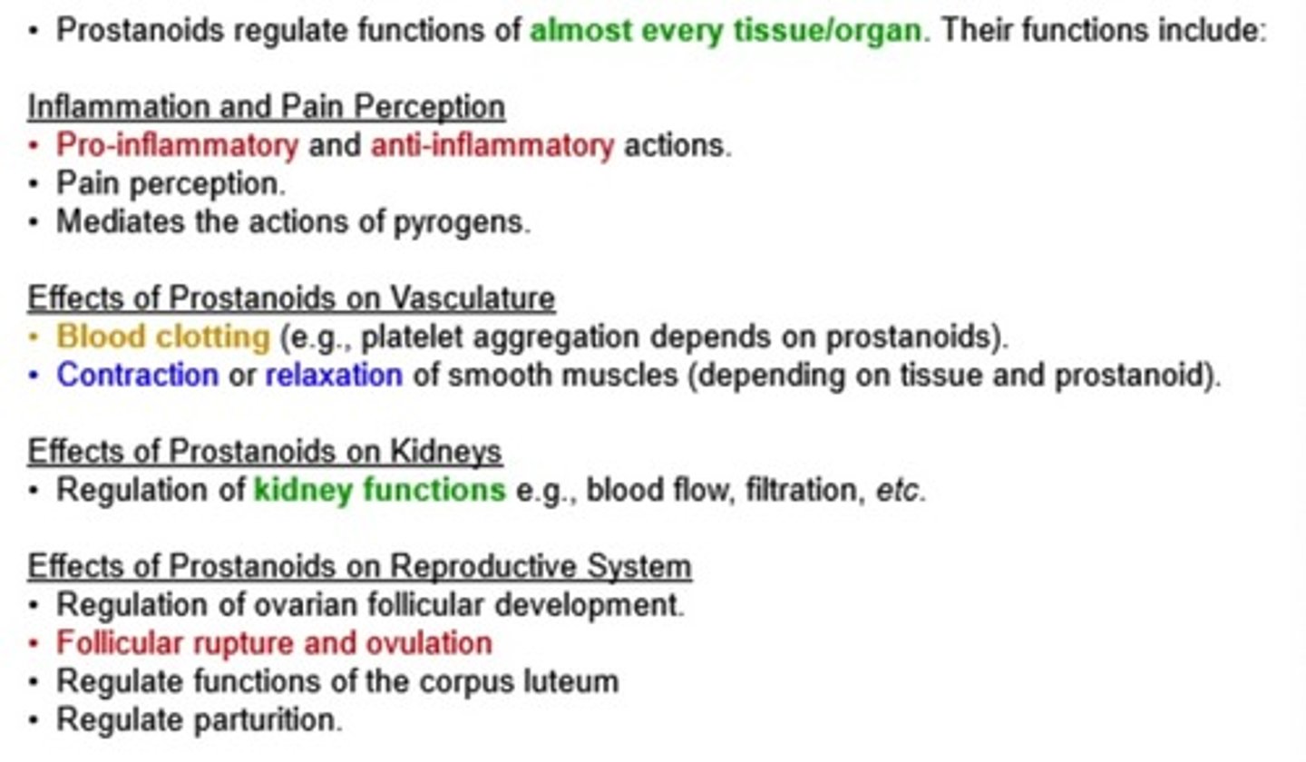 <p>of note: have both anti + pro-inflammatory functions, work in clotting, contraction or relaxation of smooth muscle, etc.</p>
